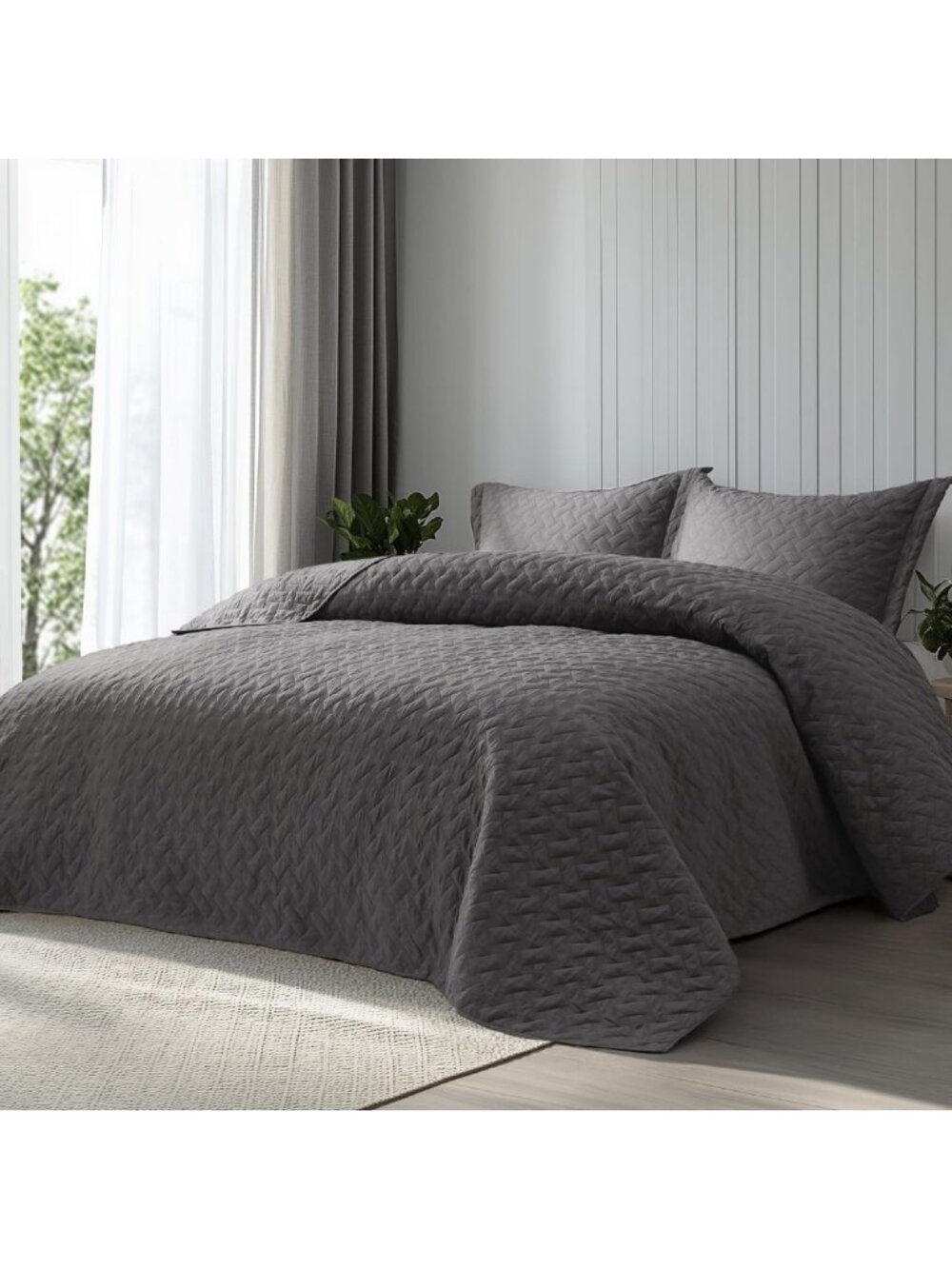 Queen Size Grey Quilt Set - Soft Lightweight Bedspread with Basket Weave Pattern